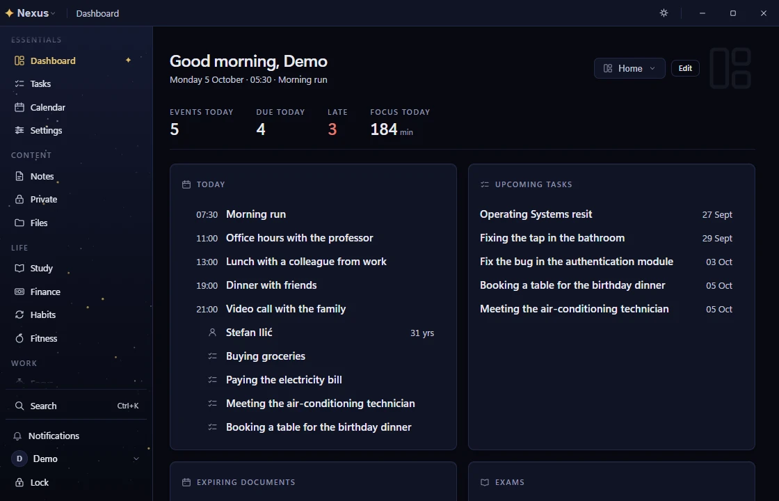 The Nexus dashboard in its night theme.