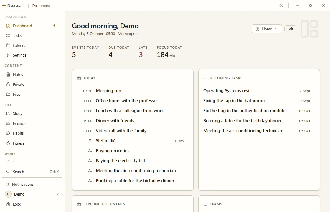 The Nexus dashboard with today's agenda, upcoming tasks and exams.