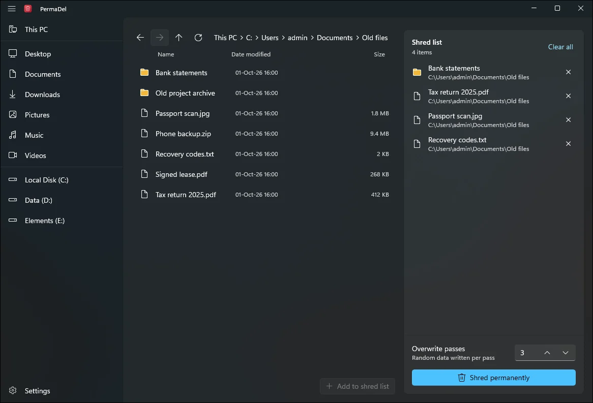 PermaDel's shred list in the dark theme.
