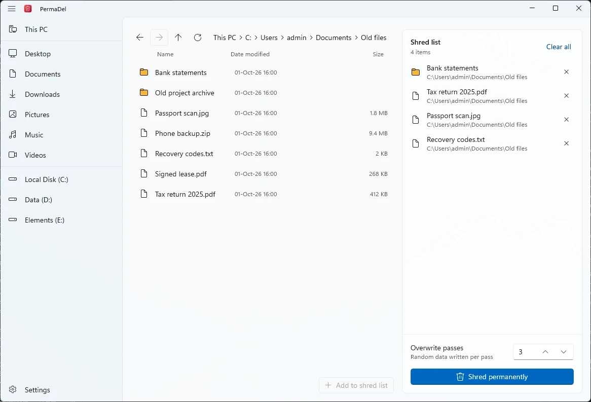 PermaDel with four files on the shred list and three overwrite passes.
