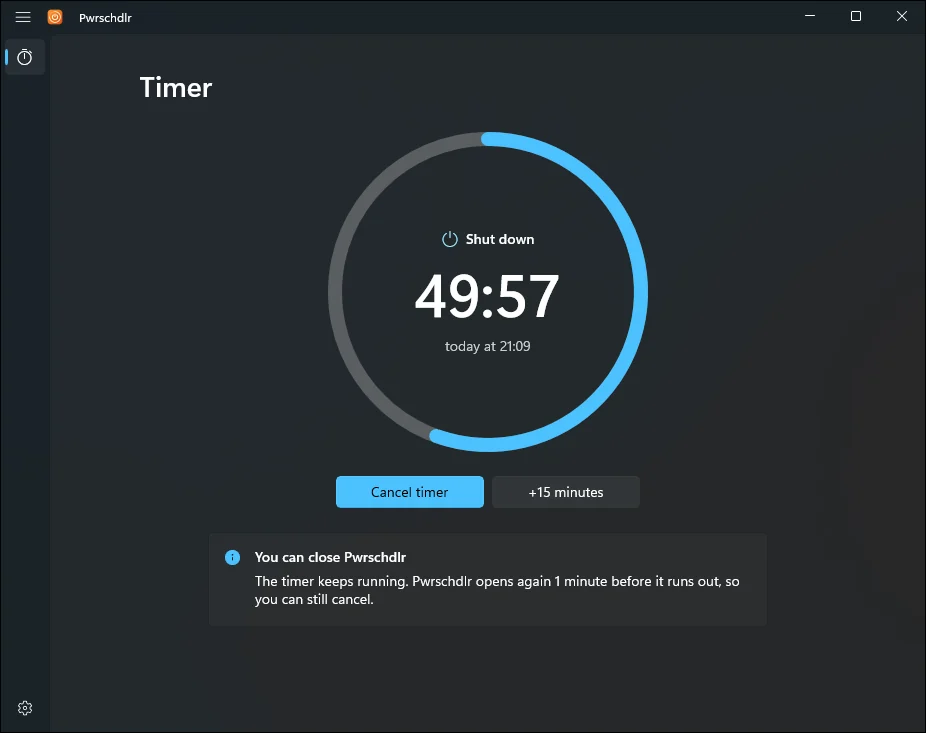 Pwrschdlr counting down to a shutdown, in the dark theme.