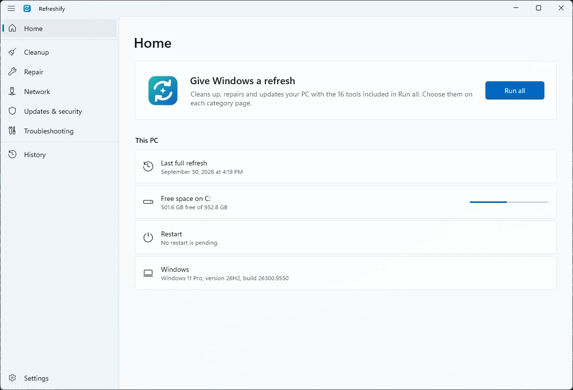 Refreshify's home page with the Run all action and the state of this PC.