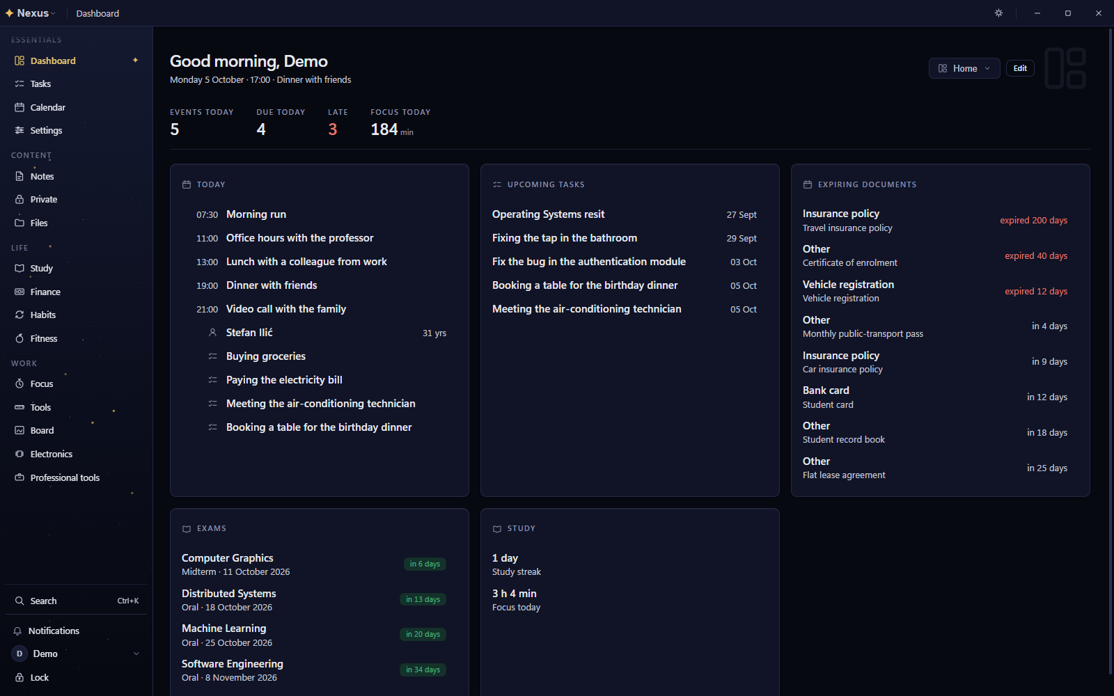 The Nexus dashboard with today's agenda, upcoming tasks, expiring documents, exams and study time