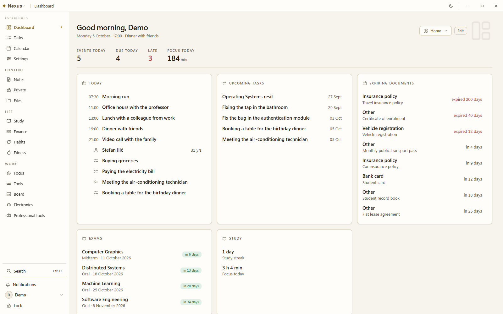 The Nexus dashboard with today's agenda, upcoming tasks, expiring documents, exams and study time