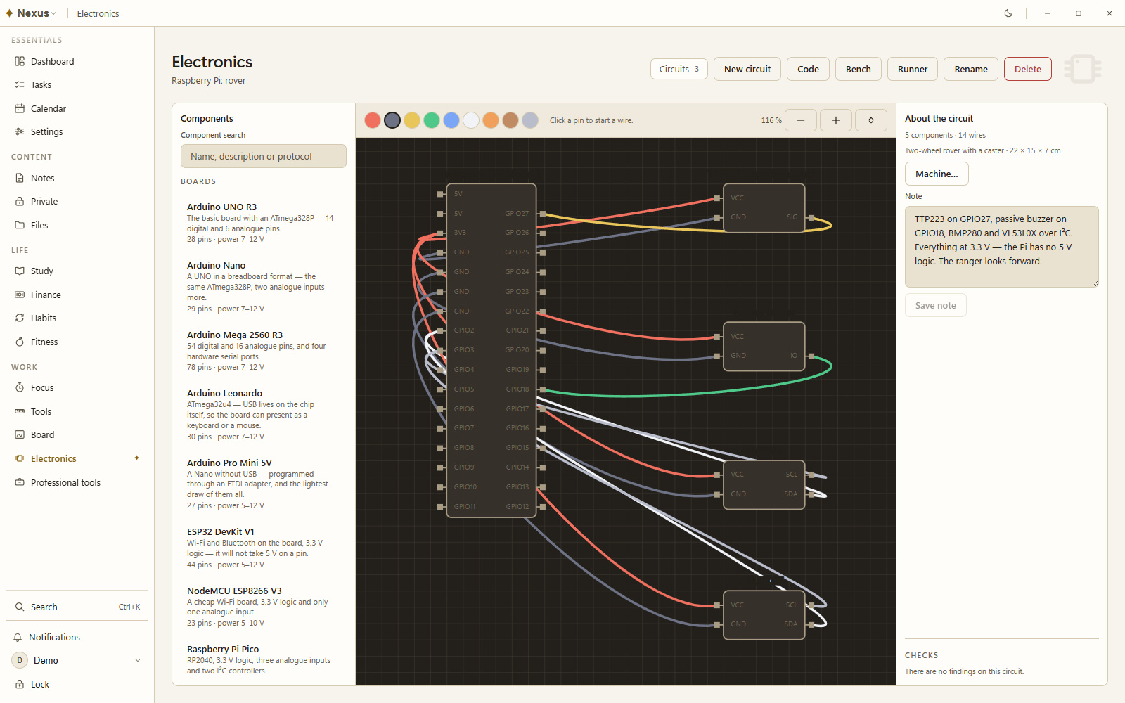 Electronics workbench: a Raspberry Pi wired to three sensors and a buzzer