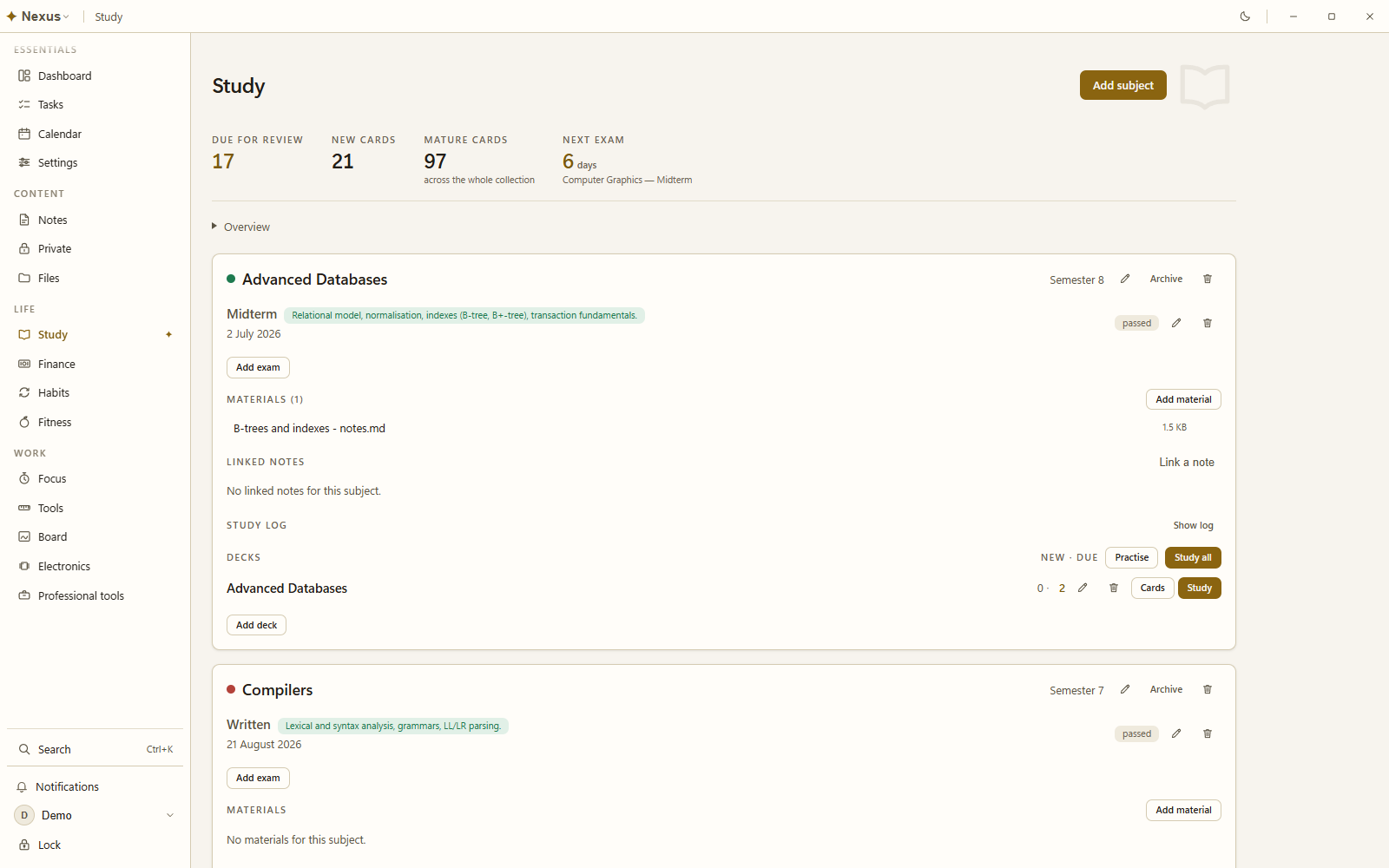 The study page with cards due for review, the next exam and each subject's exams and decks