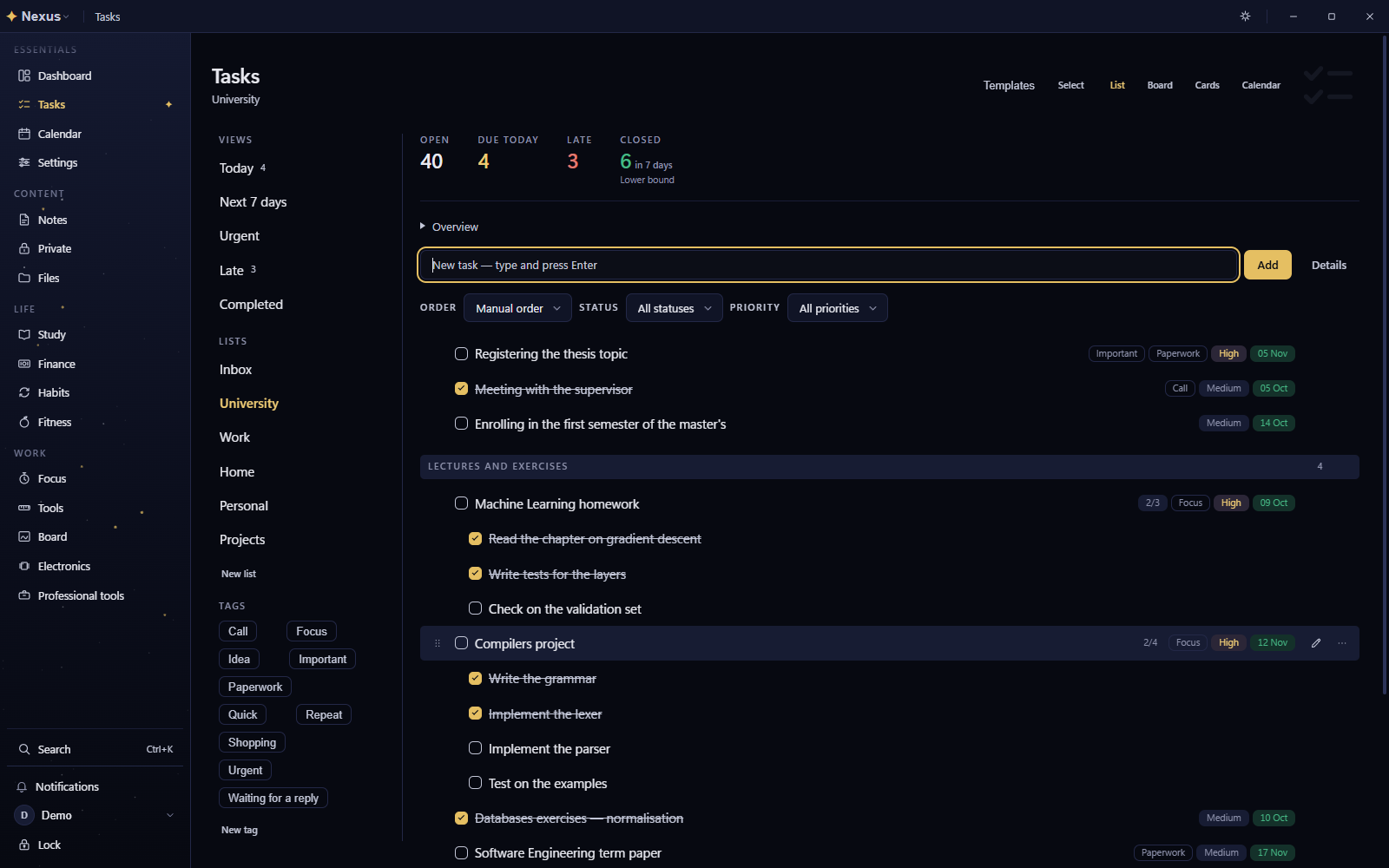 Task lists with sections, subtasks, tags, priorities and due dates