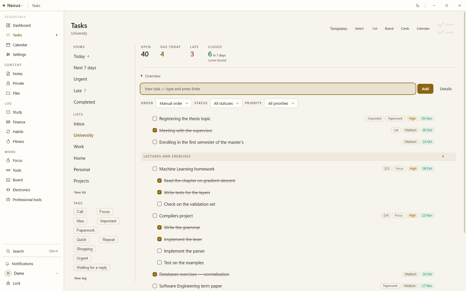 Task lists with sections, subtasks, tags, priorities and due dates
