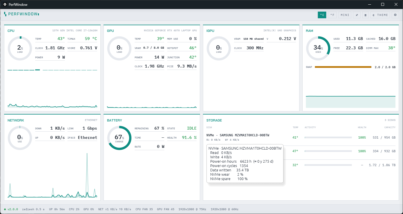 A drive's SMART lifetime on hover: power-on hours, power cycles, data written, NVMe wear and spare