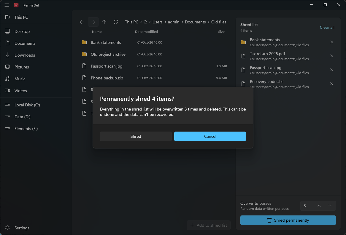 A dialog asking to permanently shred four items with three passes