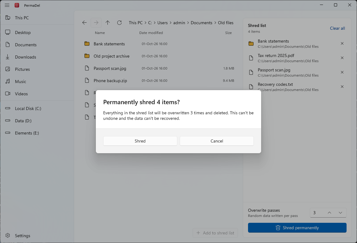 A dialog asking to permanently shred four items with three passes