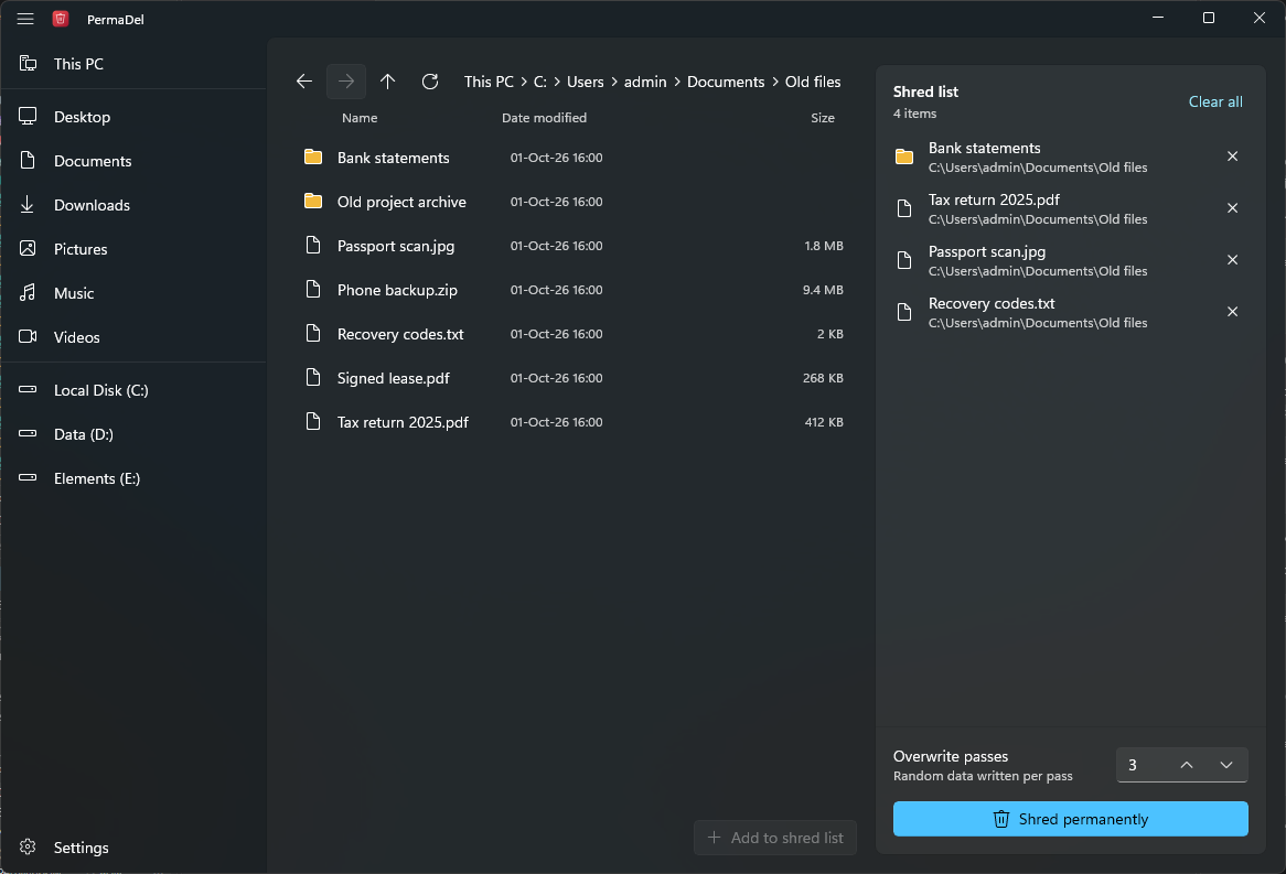 PermaDel's file browser with four items in the shred list, set to three overwrite passes