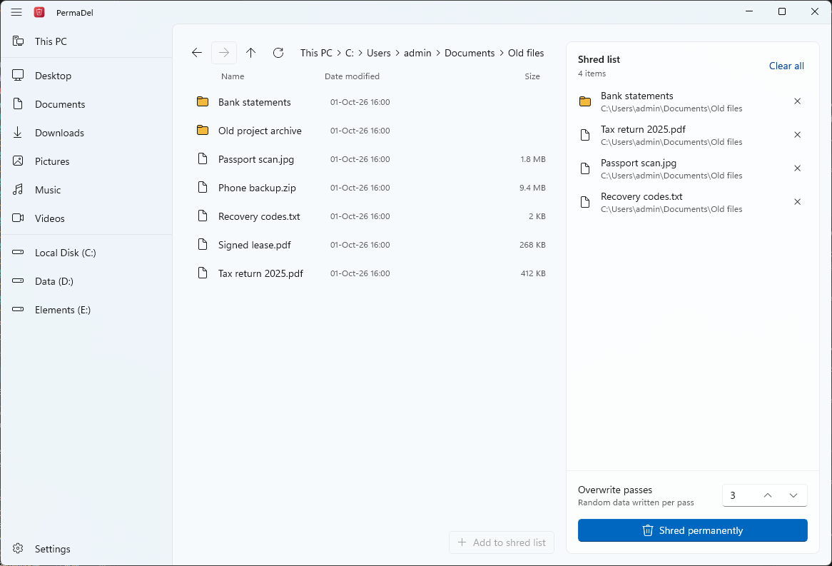 PermaDel's file browser with four items in the shred list, set to three overwrite passes