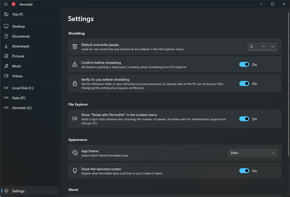 PermaDel's settings: default passes, confirmation, verification, context menu and theme