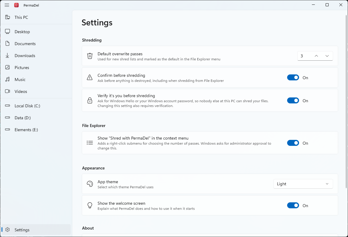 PermaDel's settings: default passes, confirmation, verification, context menu and theme