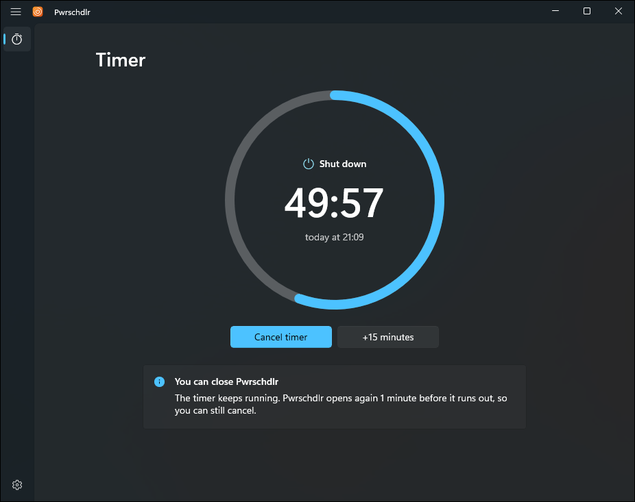 Pwrschdlr counting down to a shutdown, with Cancel timer and +15 minutes buttons