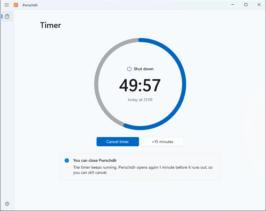 Pwrschdlr counting down to a shutdown, with Cancel timer and +15 minutes buttons