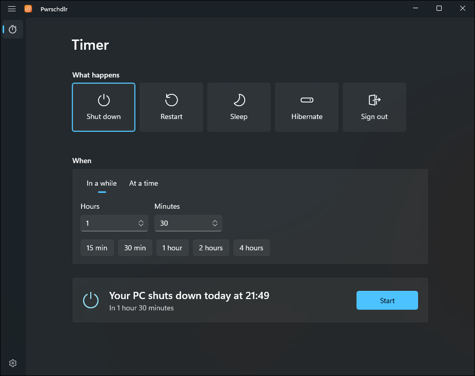 Setting a timer: the five actions, a delay of 1 hour 30 minutes and a summary saying when the PC shuts down