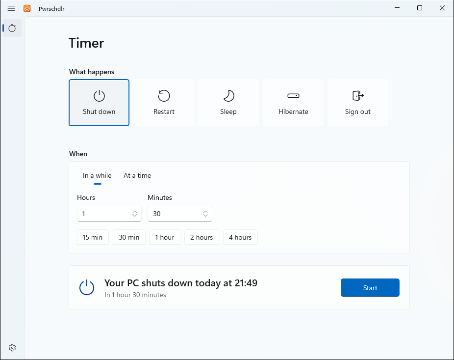 Setting a timer: the five actions, a delay of 1 hour 30 minutes and a summary saying when the PC shuts down