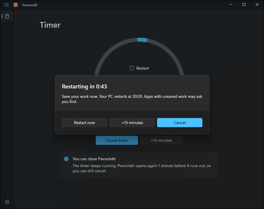 The warning before a restart, counting down with Restart now, +15 minutes and Cancel buttons