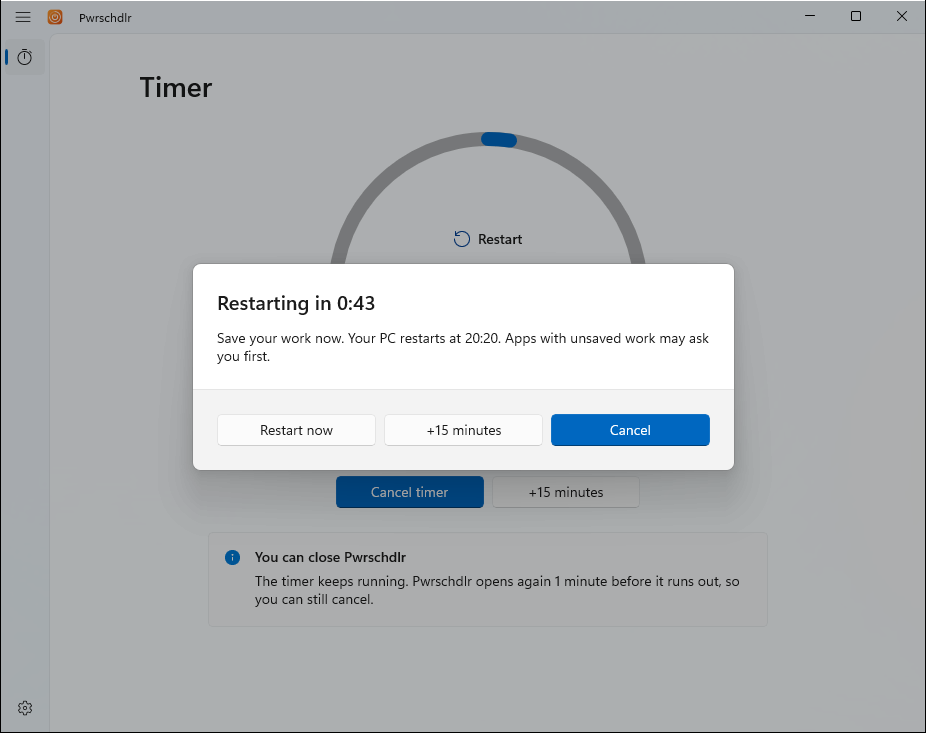 The warning before a restart, counting down with Restart now, +15 minutes and Cancel buttons