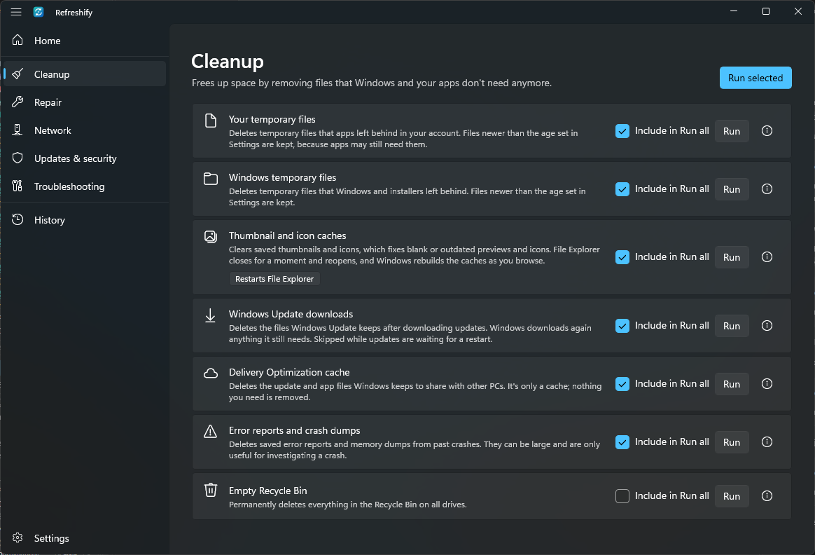 The Cleanup category page listing its tools with a short explanation of each