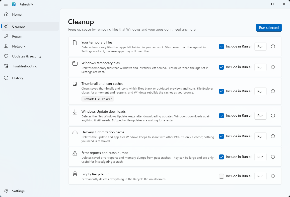 The Cleanup category page listing its tools with a short explanation of each